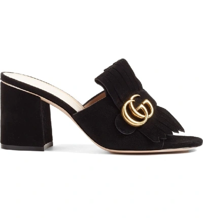Shop Gucci Gg Marmont Peep Toe Mule In Black Suede
