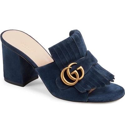 Shop Gucci Gg Kiltie Fringe Open Toe Mule In Blue Ink Suede