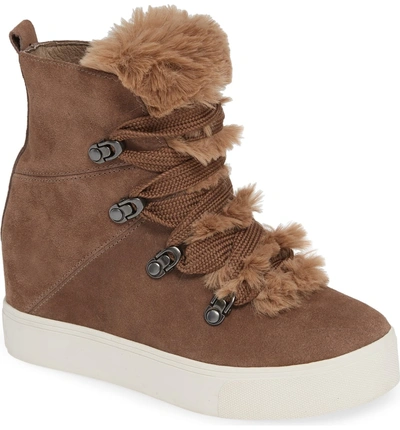 Shop Jslides Whitney Faux Fur Trim High Top Sneaker In Taupe Suede