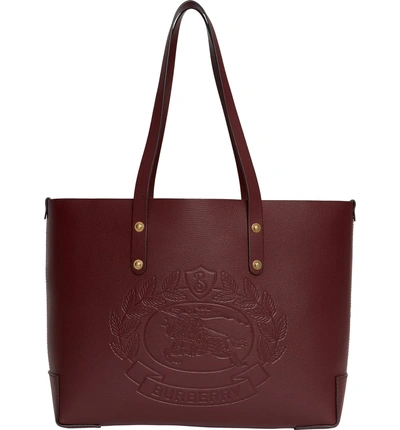 Shop Burberry Embossed Crest Small Leather Tote In Burgundy