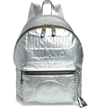 Shop Moschino Embossed Teddy Bear Backpack - Metallic In Silver