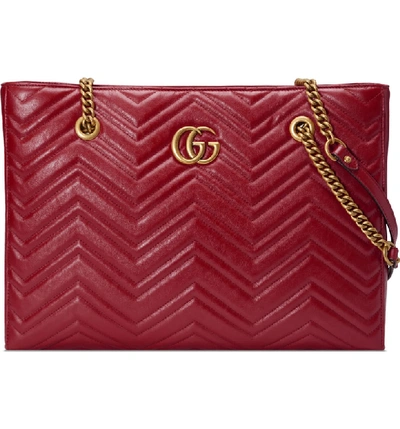 Shop Gucci Gg Marmont 2.0 Matelasse Medium Leather East/west Tote Bag - Red In Cerise/ Cerise