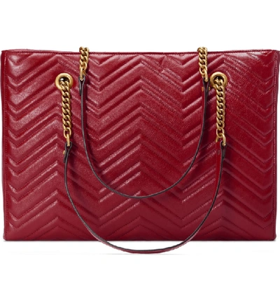 Shop Gucci Gg Marmont 2.0 Matelasse Medium Leather East/west Tote Bag - Red In Cerise/ Cerise