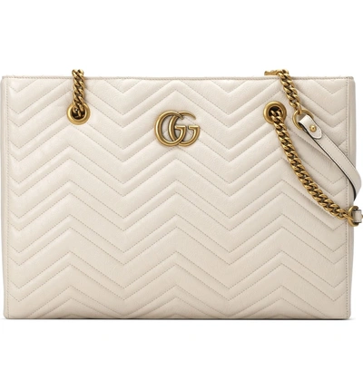 Shop Gucci Gg Marmont 2.0 Matelasse Medium Leather East/west Tote Bag In Mystic White