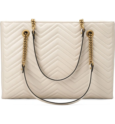 Shop Gucci Gg Marmont 2.0 Matelasse Medium Leather East/west Tote Bag In Mystic White