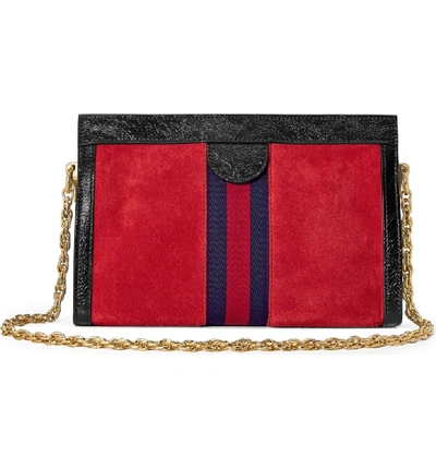 Shop Gucci Small Linea Chain Shoulder Bag - Red In Hibiscus Red/ Nero/ Blue
