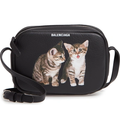 Shop Balenciaga Extra Small Kittens Calfskin Leather Camera Bag - Black In Noir/ Blanc