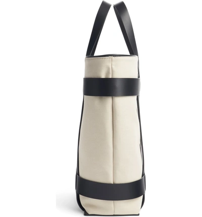 Shop Paco Rabanne Cage Leather & Canvas North/south Tote - Ivory In Ivory/ Black