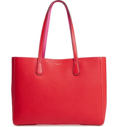 Shop Tory Burch Perry Leather Tote - Red In Brilliant Red / Crazy Pink
