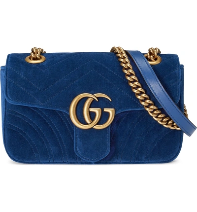 Shop Gucci Small Gg Marmont 2.0 Matelassé Velvet Shoulder Bag In Cobalt