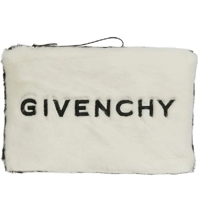 Shop Givenchy Logo Faux Fur Clutch - White In White/ Black