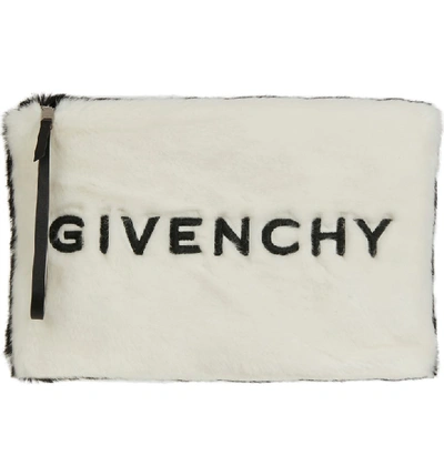 Shop Givenchy Logo Faux Fur Clutch - White In White/ Black