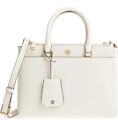 Shop Tory Burch Small Robinson Double-zip Leather Tote - Ivory In Birch / Shell Pink