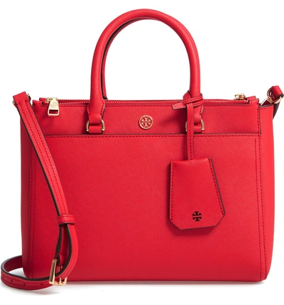Shop Tory Burch Small Robinson Double-zip Leather Tote - Red In Brilliant Red