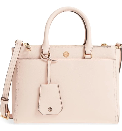 Shop Tory Burch Small Robinson Double-zip Leather Tote - Pink In Pale Apricot / Royal Navy