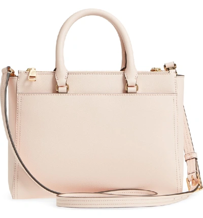 Shop Tory Burch Small Robinson Double-zip Leather Tote - Pink In Pale Apricot / Royal Navy