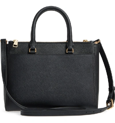 Shop Tory Burch Small Robinson Double-zip Leather Tote - Black In Black / Royal Navy