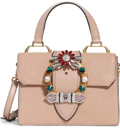Shop Miu Miu Madras Crystal Embellished Leather Top Handle Bag - Pink In Cammeo