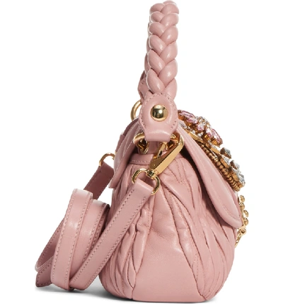 Shop Miu Miu Crystal Embellished Matelasse Leather Satchel - Pink In Orchidea