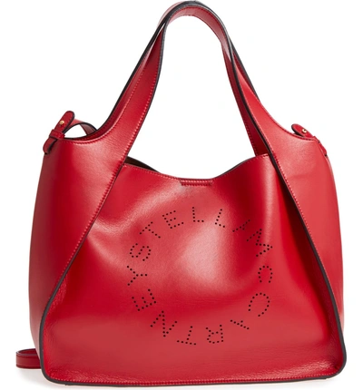 Shop Stella Mccartney Perforated Logo Faux Leather Satchel - Red In Lover Red