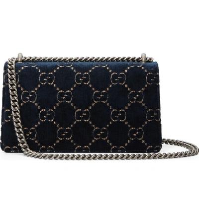 Shop Gucci Small Embroidered Gg Velvet Shoulder Bag In Blue Beige/ Nero/ Montana