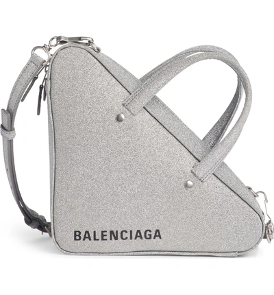 Shop Balenciaga Extra Small Glitter Triangle Leather Bag - Metallic In Argent/ Noir