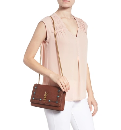 Shop Saint Laurent Medium Kate Studded Leather Crossbody Bag - Brown In Brown Multi
