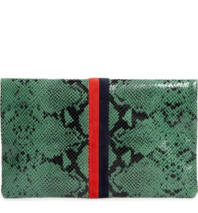 Shop Clare V Snake Embossed Leather Foldover Clutch In Green Snake Stripe