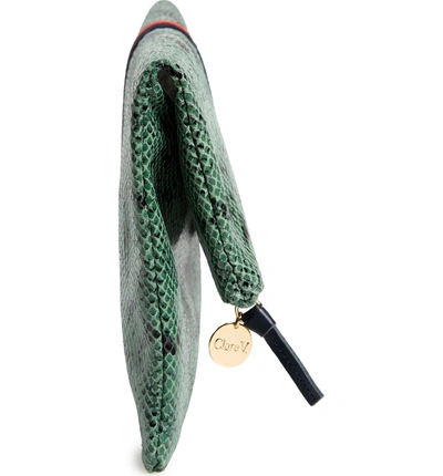 Shop Clare V Snake Embossed Leather Foldover Clutch In Green Snake Stripe