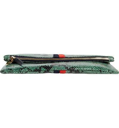 Shop Clare V Snake Embossed Leather Foldover Clutch In Green Snake Stripe
