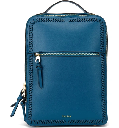 Shop Calpak Kaya Faux Leather Laptop Backpack In Deep Blue