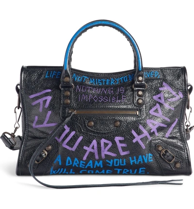Shop Balenciaga Small Classic City Graffiti Leather Tote - Black In Noir/ Bleu/ Violet