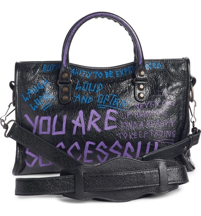Shop Balenciaga Small Classic City Graffiti Leather Tote - Black In Noir/ Bleu/ Violet