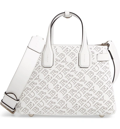 Shop Burberry Small Banner Perforated Leather Tote - White In Chalk White
