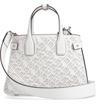 Shop Burberry Small Banner Perforated Leather Tote - White In Chalk White