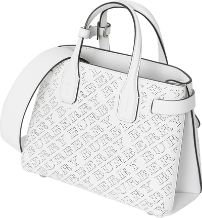 Shop Burberry Small Banner Perforated Leather Tote - White In Chalk White