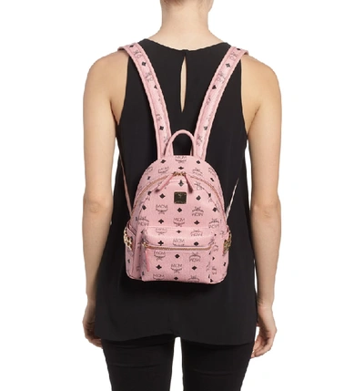 Shop Mcm Mini Stark Side Stud Coated Canvas Backpack In Soft Pink