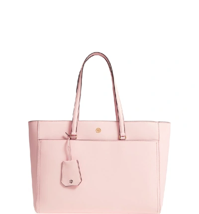 Shop Tory Burch Robinson Leather Tote - Pink In Pale Apricot / Royal Navy
