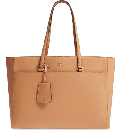 Shop Tory Burch Robinson Leather Tote - Brown In Cardamom / Royal Navy
