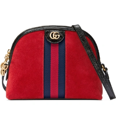 Shop Gucci Small Suede Shoulder Bag - Red In Hibiscus Red/ Nero/ Blue