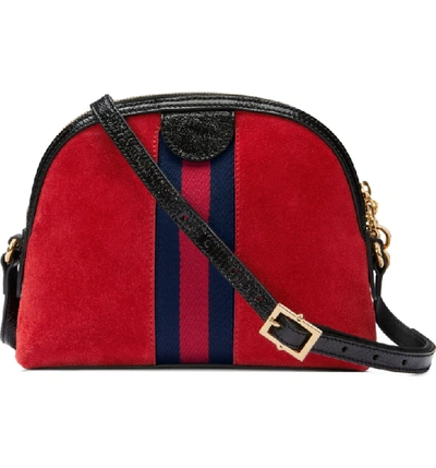 Shop Gucci Small Suede Shoulder Bag - Red In Hibiscus Red/ Nero/ Blue