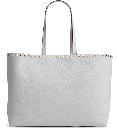 Shop Valentino Rockstud Leather Tote In Pastel Grey