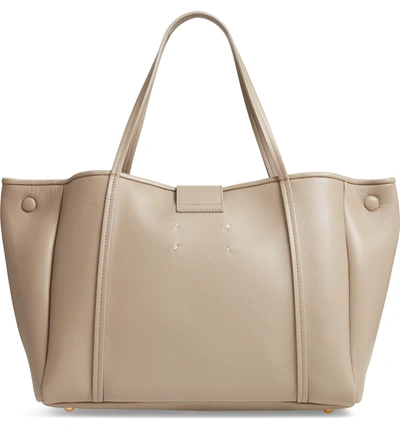 Shop Maison Margiela Number Embossed Leather Button Tote - Green In Desert Taupe