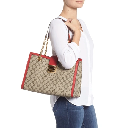 Shop Gucci Medium Padlock Gg Supreme Canvas Tote In Beige Ebony/tuscany