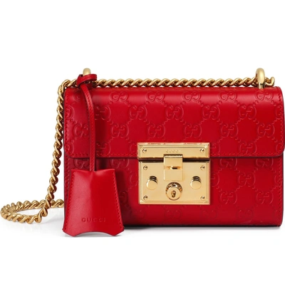 Shop Gucci Small Padlock Signature Leather Shoulder Bag In Hibiscus Red