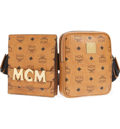Shop Mcm Stark Canvas Double Belt Bag In Cognac