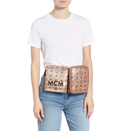 Shop Mcm Stark Canvas Double Belt Bag - Metallic In Champagne Gold