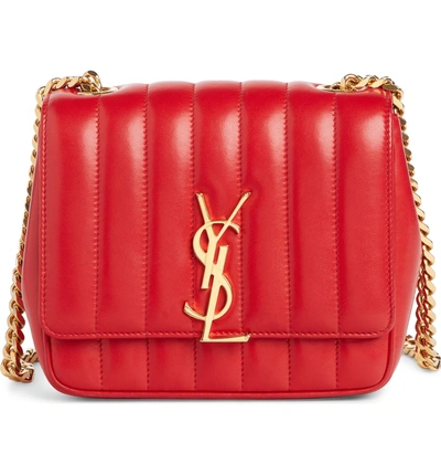 Shop Saint Laurent Small Vicky Quilted Lambskin Leather Crossbody Bag In Rouge Eros