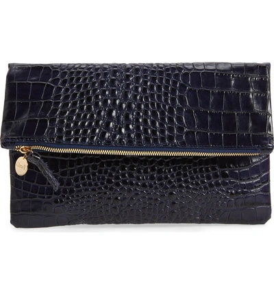 Shop Clare V Croc Embossed Leather Foldover Clutch - Black In Midnight Croco