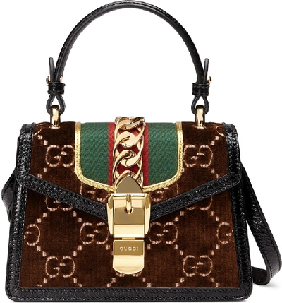 Shop Gucci Mini Sylvie Velvet Top Handle Bag - Brown In Brown/ Nero/ Vert Red Vert